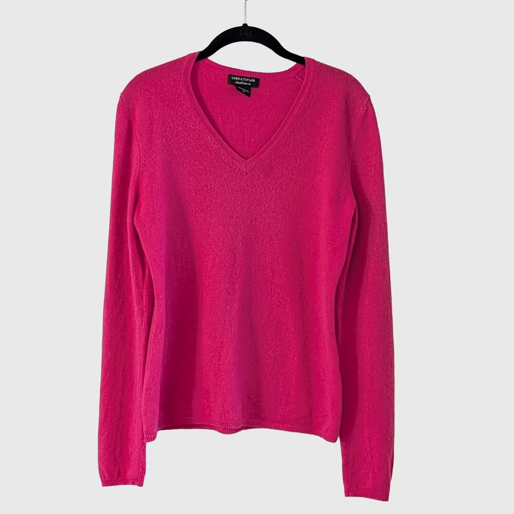 Lord & Taylor 100% Cashmere Sweater L Pink V Neck Lightweight Classic Luxury